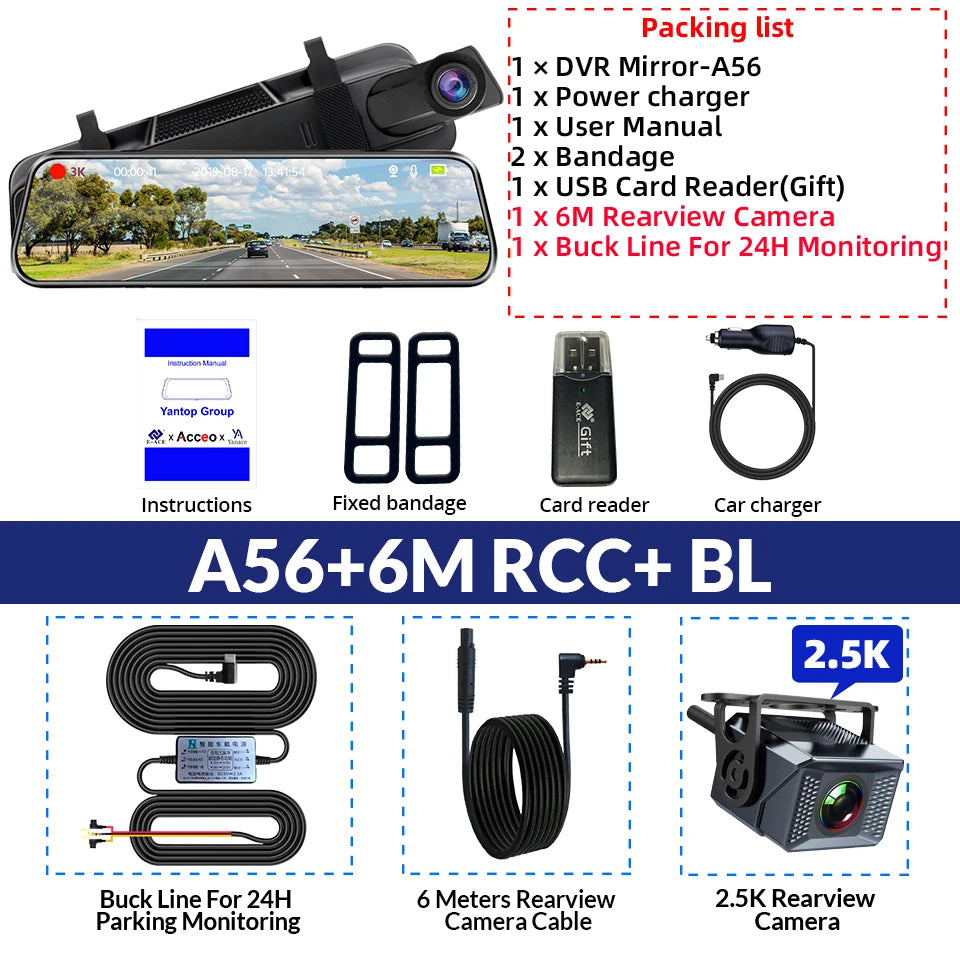 E-ACE 3K + 2.5K Mirror Dash Cam – 10" Touchscreen DVR Recorder with Optional Rear Camera, Night Vision, Hisilicon Chip, GPS, WiFi & 24H Parking Monitor