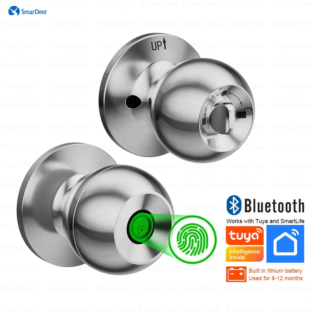 Tuya Smart Fingerprint Door Lock – Bluetooth Keyless Entry Lock with Biometric Fingerprint, App Control, Auto-Lock, Mechanical Key Backup & Type-C Emergency Power