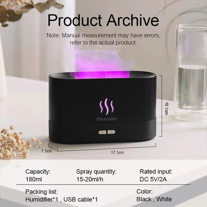Ultrasonic Aroma Diffuser & Cool Mist Humidifier – 180ml Essential Oil Flame Lamp with LED Ambient Light, USB Powered, Quiet Air Mist Maker for Home & Office