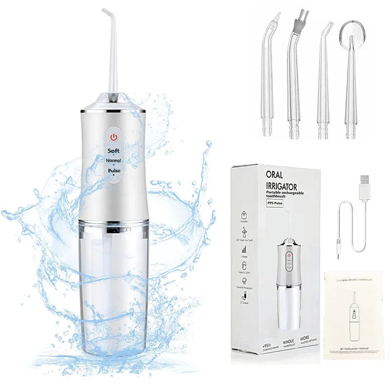 Portable Water Flosser Oral Irrigator – 230ml Rechargeable Dental Water Jet with 4 Nozzles, 3 Modes, IPX7 Waterproof