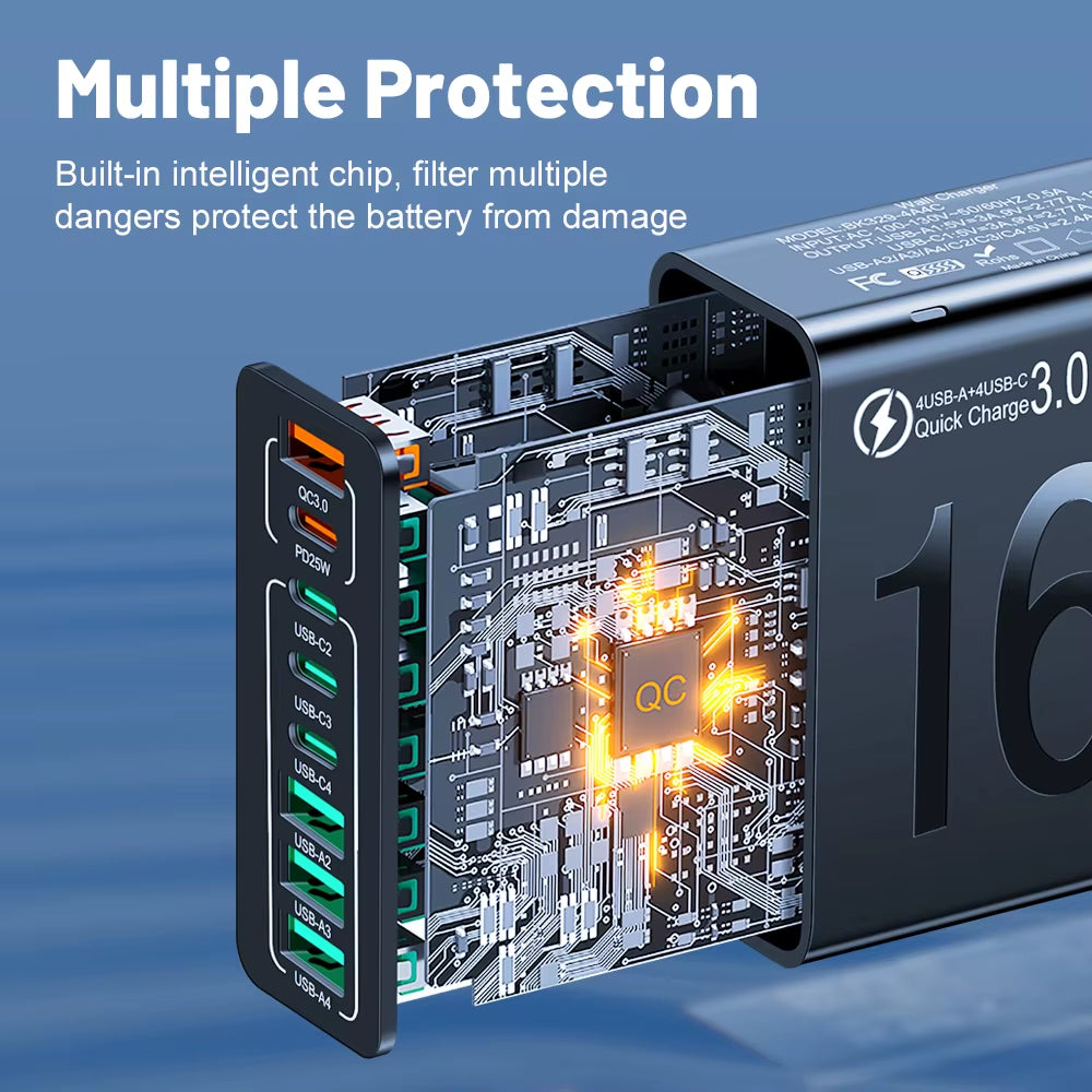 150W 8-Port USB Fast Charger – Multi-Device Wall Adapter with Smart IC, PD Type-C Fast Charging for iPhone, Samsung, Xiaomi, Huawei | EU/US/KR Plug Travel Charger