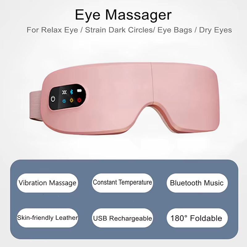 Smart 4D Eye Massager with Hot Compress (42°C), Airbag Vibration, Bluetooth Music & 4 Modes – Foldable Rechargeable