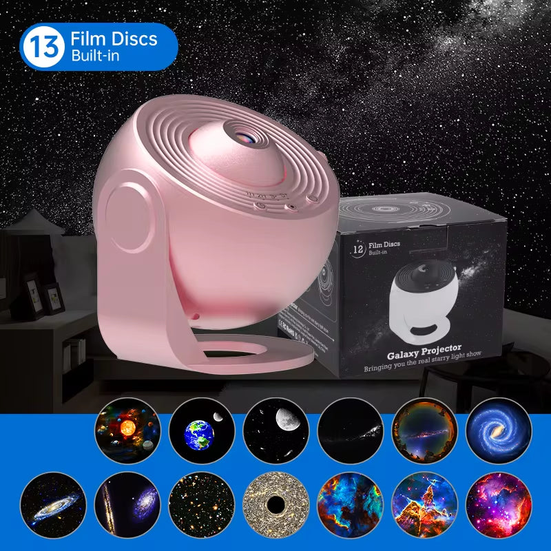 12-in-1 Galaxy Projector Night Light – HD Planetarium Star Projector with 360° Rotation, Replaceable Film Discs, Type-C Powered Starry Sky Lamp for Kids Bedroom & Gift Decor
