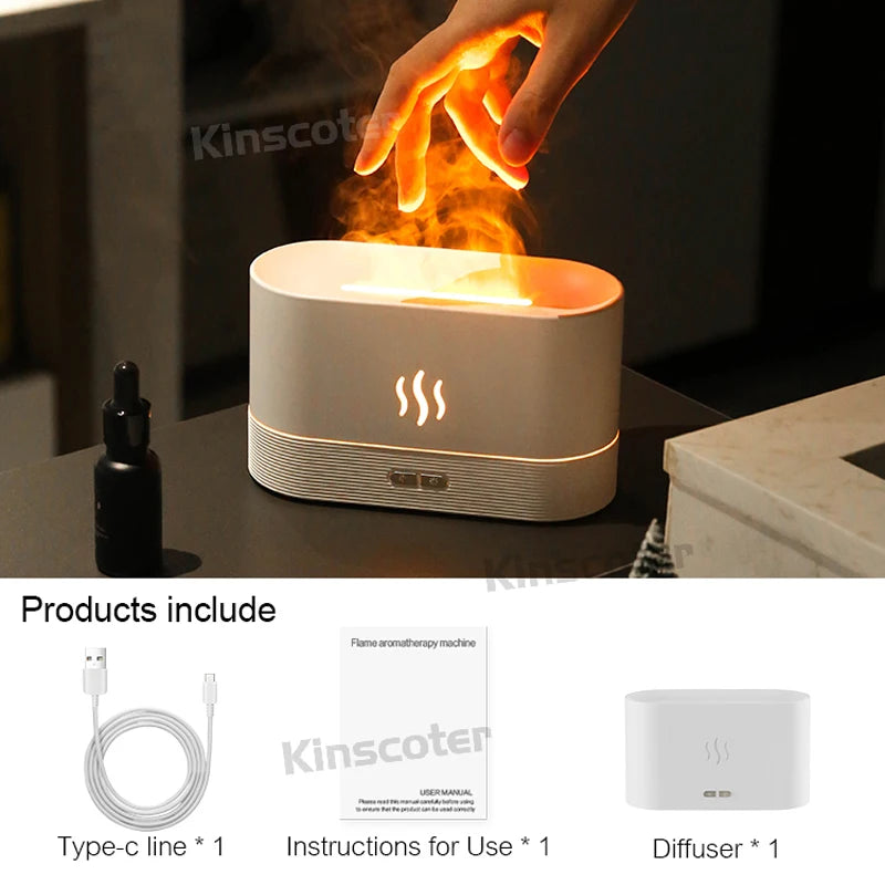Ultrasonic Aroma Diffuser & Cool Mist Humidifier – 180ml Essential Oil Flame Lamp with LED Ambient Light, USB Powered, Quiet Air Mist Maker for Home & Office