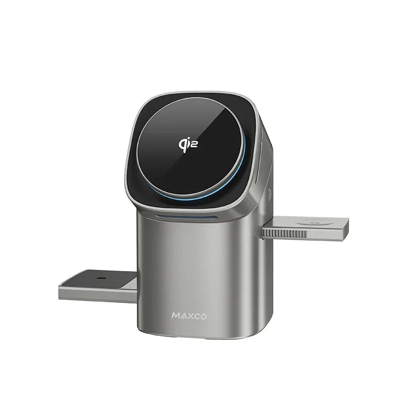 MW15 Qi2 3-in-1 MagSafe wireless charger with auto-rotating stand charging iPhone, Apple Watch and AirPods