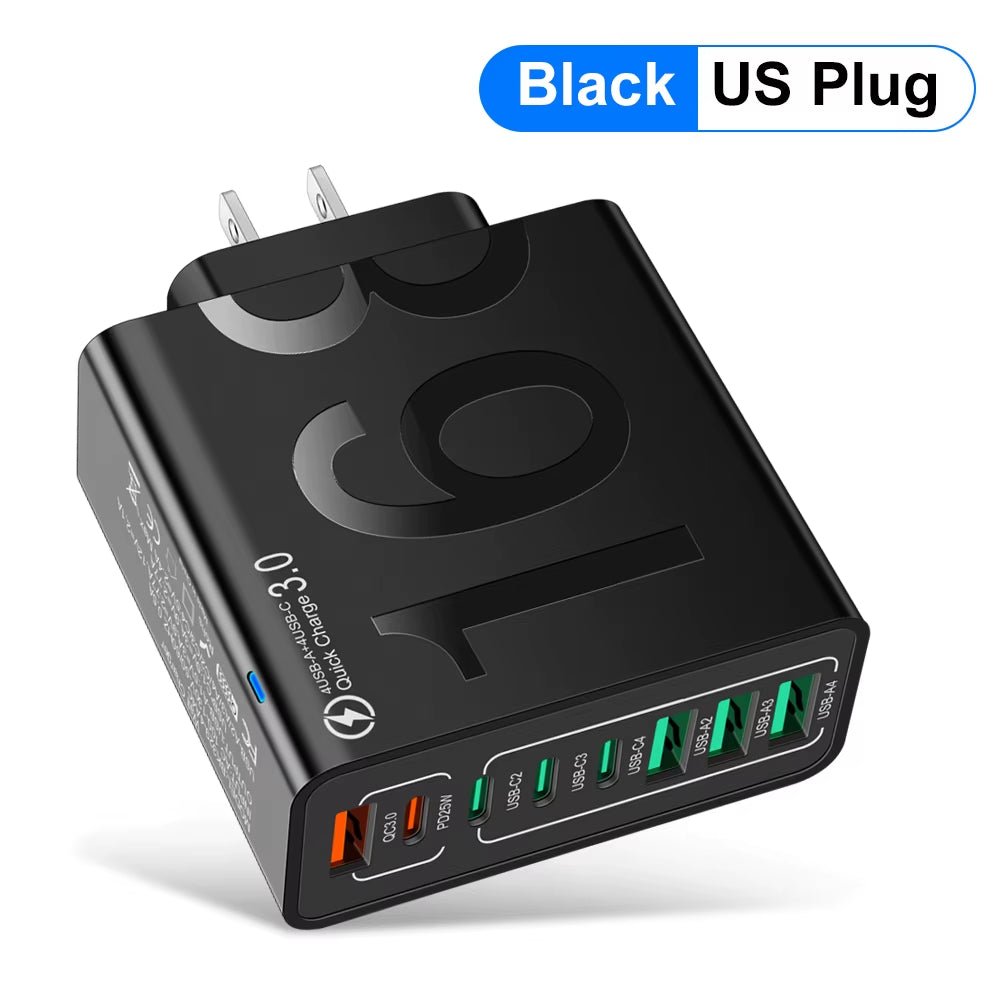 150W 8-Port USB Fast Charger – Multi-Device Wall Adapter with Smart IC, PD Type-C Fast Charging for iPhone, Samsung, Xiaomi, Huawei | EU/US/KR Plug Travel Charger