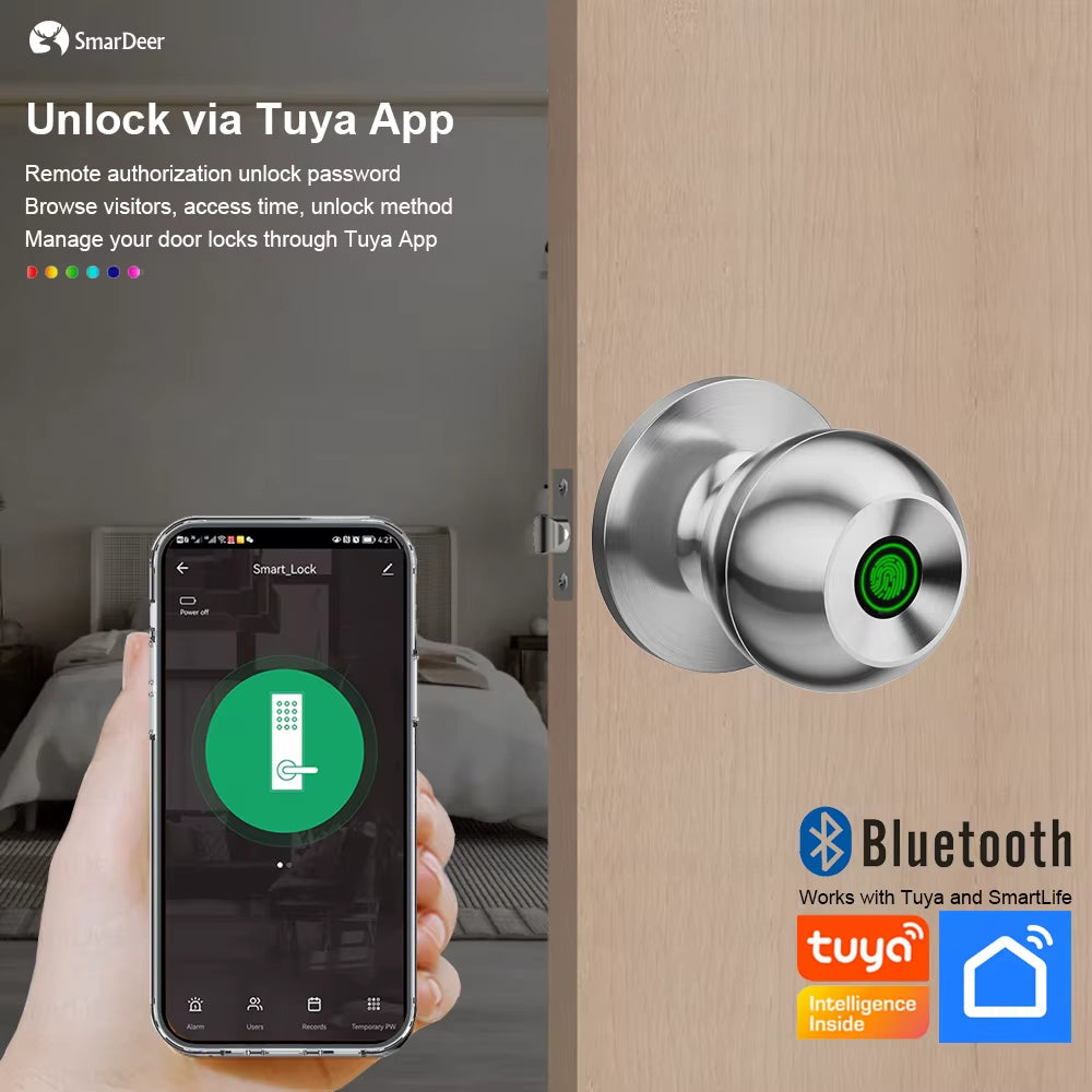 Tuya Smart Fingerprint Door Lock – Bluetooth Keyless Entry Lock with Biometric Fingerprint, App Control, Auto-Lock, Mechanical Key Backup & Type-C Emergency Power