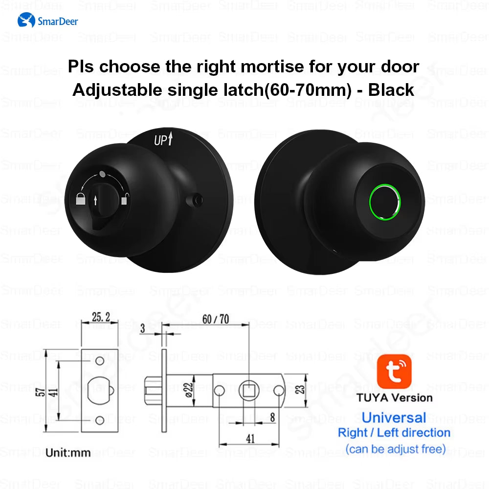 Tuya Smart Fingerprint Door Lock – Bluetooth Keyless Entry Lock with Biometric Fingerprint, App Control, Auto-Lock, Mechanical Key Backup & Type-C Emergency Power