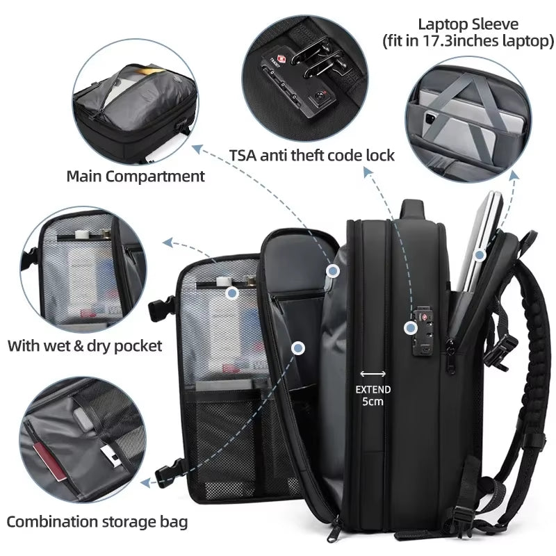 Vacuum Compression Travel Backpack – 17” Laptop, Expandable Large Capacity, Waterproof Business & Hiking Backpack