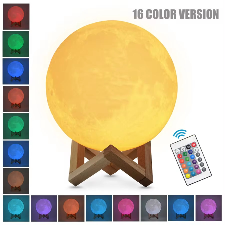 3D Printed Moon Lamp – Rechargeable LED Night Light with Touch Control, Stepless Dimming, Warm/White Modes, PLA Eco Material & Wooden Stand | Bedroom Décor & Gift