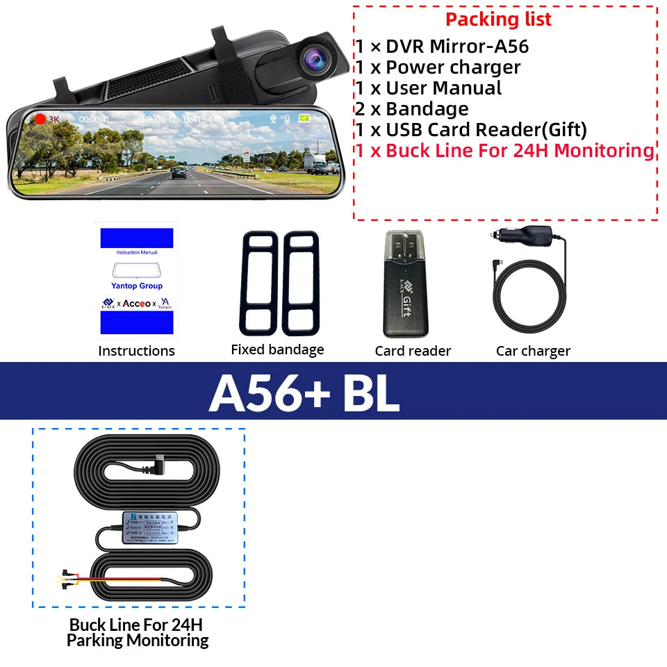 E-ACE 3K + 2.5K Mirror Dash Cam – 10" Touchscreen DVR Recorder with Optional Rear Camera, Night Vision, Hisilicon Chip, GPS, WiFi & 24H Parking Monitor