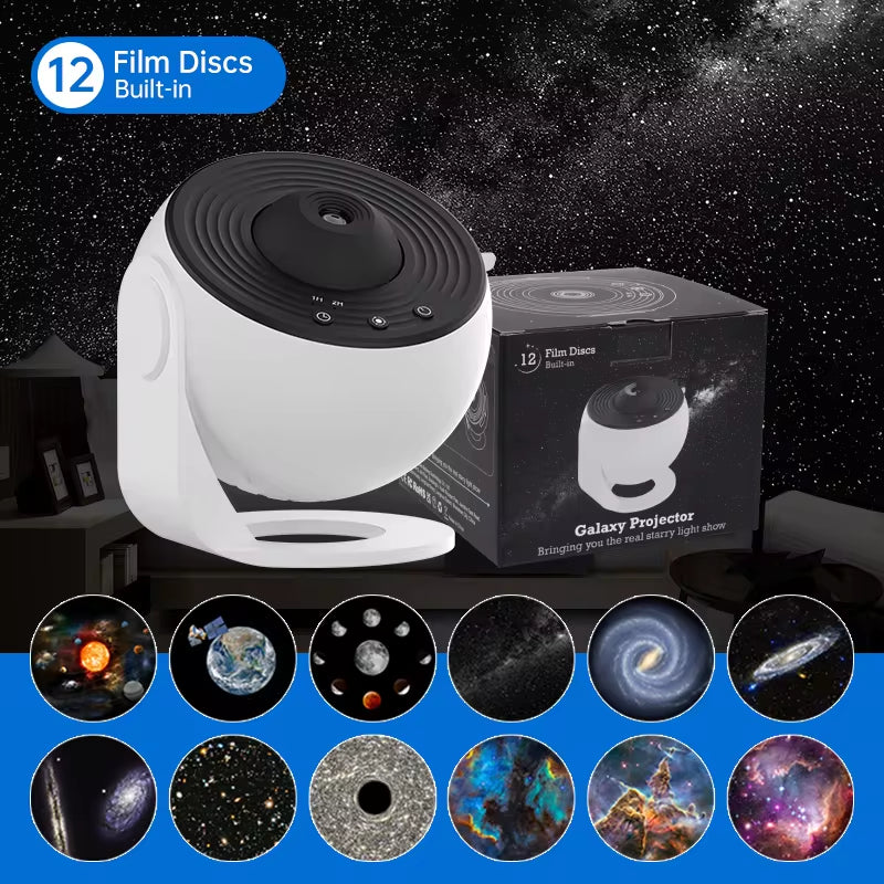 12-in-1 Galaxy Projector Night Light – HD Planetarium Star Projector with 360° Rotation, Replaceable Film Discs, Type-C Powered Starry Sky Lamp for Kids Bedroom & Gift Decor