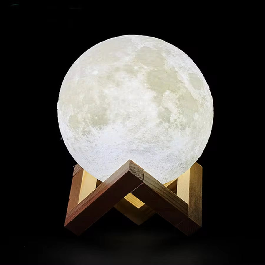 3D Printed Moon Lamp – Rechargeable LED Night Light with Touch Control, Stepless Dimming, Warm/White Modes, PLA Eco Material & Wooden Stand | Bedroom Décor & Gift