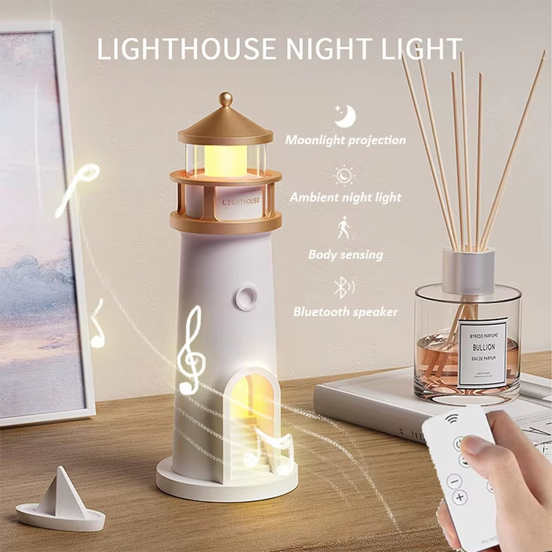 Moon Projection Lighthouse Night Light – Rechargeable Ambient Lamp with Motion Sensor, Remote Control & Bluetooth Speaker