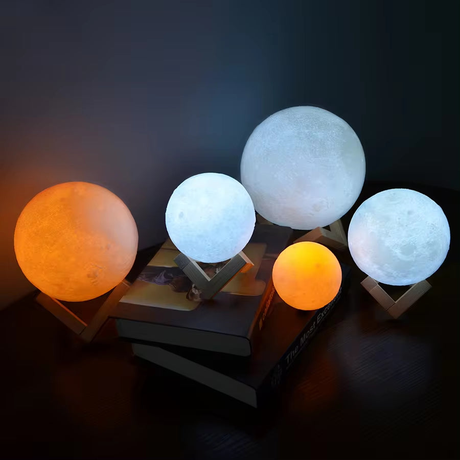 3D Printed Moon Lamp – Rechargeable LED Night Light with Touch Control, Stepless Dimming, Warm/White Modes, PLA Eco Material & Wooden Stand | Bedroom Décor & Gift