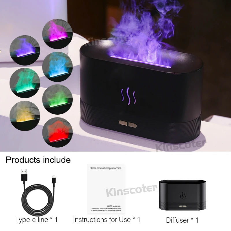 Ultrasonic Aroma Diffuser & Cool Mist Humidifier – 180ml Essential Oil Flame Lamp with LED Ambient Light, USB Powered, Quiet Air Mist Maker for Home & Office