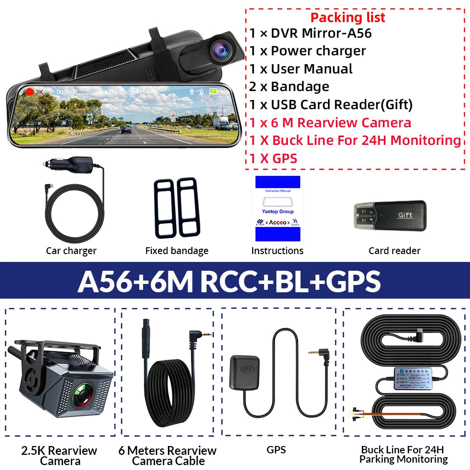 E-ACE 3K + 2.5K Mirror Dash Cam – 10" Touchscreen DVR Recorder with Optional Rear Camera, Night Vision, Hisilicon Chip, GPS, WiFi & 24H Parking Monitor