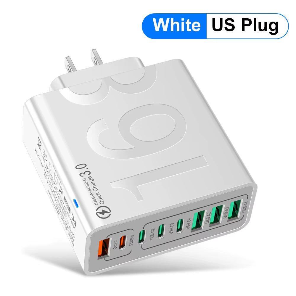 150W 8-Port USB Fast Charger – Multi-Device Wall Adapter with Smart IC, PD Type-C Fast Charging for iPhone, Samsung, Xiaomi, Huawei | EU/US/KR Plug Travel Charger