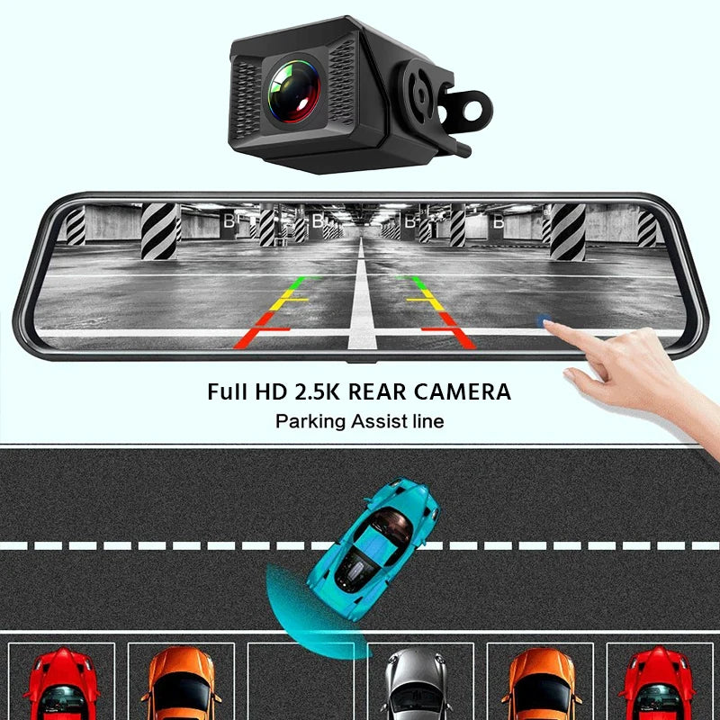 E-ACE 3K + 2.5K Mirror Dash Cam – 10" Touchscreen DVR Recorder with Optional Rear Camera, Night Vision, Hisilicon Chip, GPS, WiFi & 24H Parking Monitor