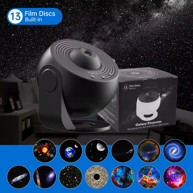 12-in-1 Galaxy Projector Night Light – HD Planetarium Star Projector with 360° Rotation, Replaceable Film Discs, Type-C Powered Starry Sky Lamp for Kids Bedroom & Gift Decor