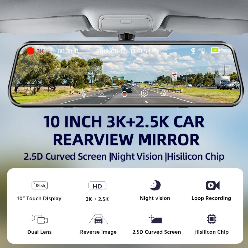 E-ACE 3K + 2.5K Mirror Dash Cam – 10" Touchscreen DVR Recorder with Optional Rear Camera, Night Vision, Hisilicon Chip, GPS, WiFi & 24H Parking Monitor