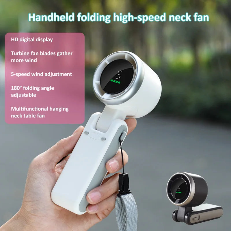 Mini Folding Turbo Fan – Portable High-Speed Brushless Handheld Fan with 5 Speed Levels, Digital Display, 3600mAh Battery & Type-C Fast Charging