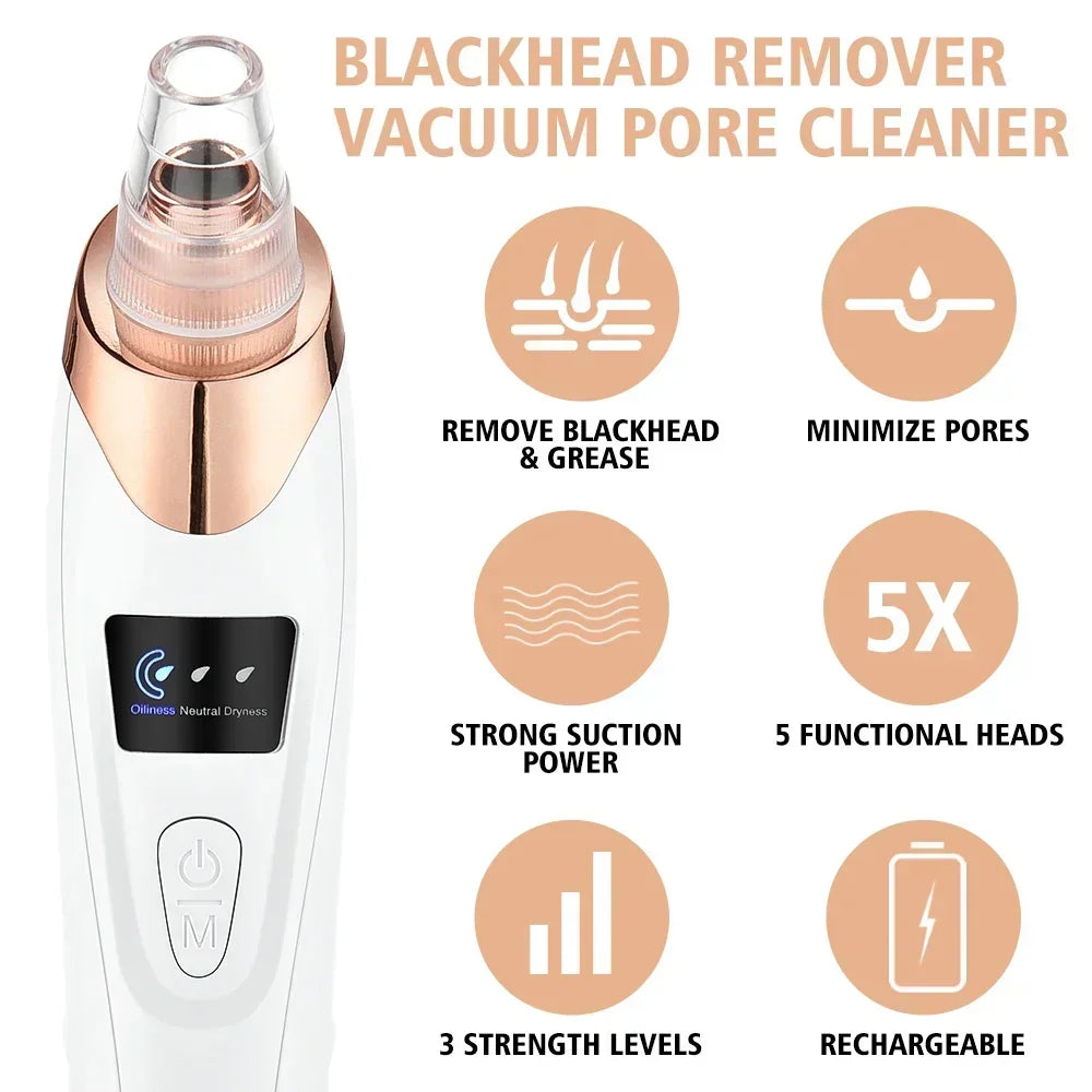 Electric Blackhead Remover Vacuum – USB Rechargeable Pore Cleaner with 3 Suction Levels & 5 Heads | Acne Extractor & Deep Facial Cleansing Tool