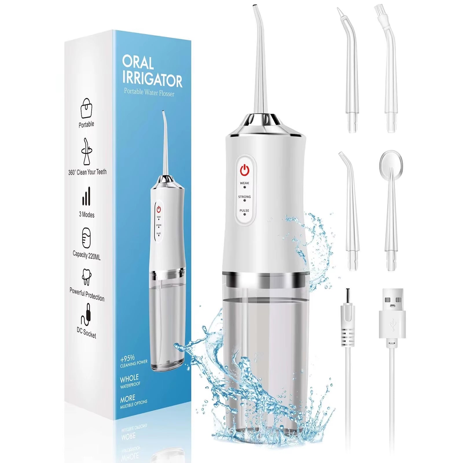 Portable Water Flosser Oral Irrigator – 230ml Rechargeable Dental Water Jet with 4 Nozzles, 3 Modes, IPX7 Waterproof
