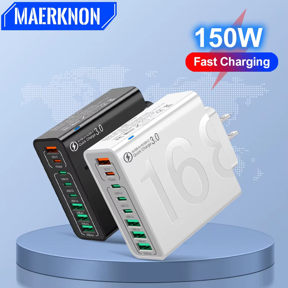 150W 8-Port USB Fast Charger – Multi-Device Wall Adapter with Smart IC, PD Type-C Fast Charging for iPhone, Samsung, Xiaomi, Huawei | EU/US/KR Plug Travel Charger