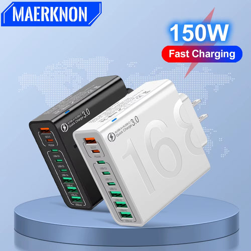 150W 8-Port USB Fast Charger – Multi-Device Wall Adapter with Smart IC, PD Type-C Fast Charging for iPhone, Samsung, Xiaomi, Huawei | EU/US/KR Plug Travel Charger