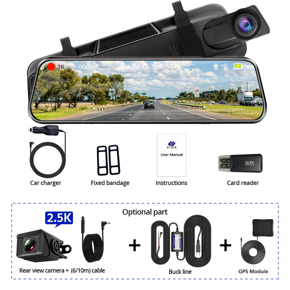 E-ACE 3K + 2.5K Mirror Dash Cam – 10" Touchscreen DVR Recorder with Optional Rear Camera, Night Vision, Hisilicon Chip, GPS, WiFi & 24H Parking Monitor