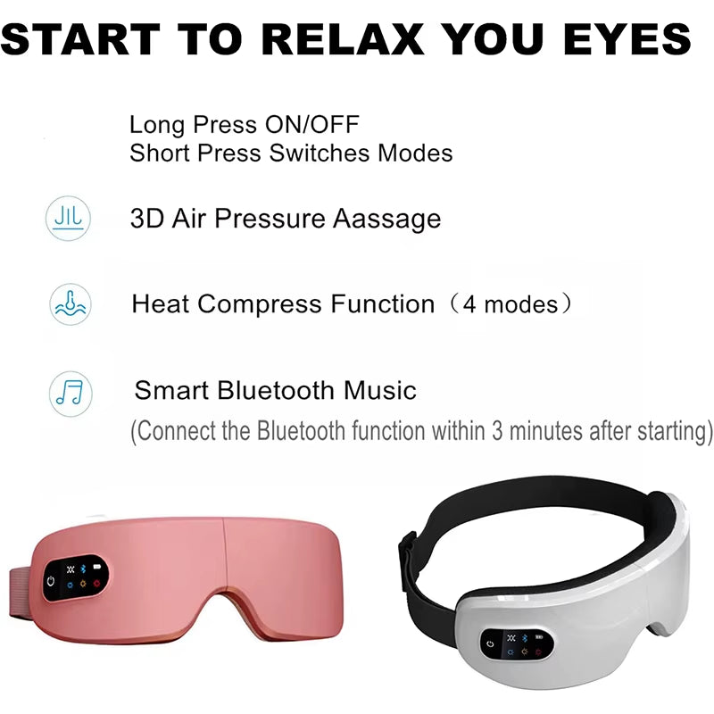 Smart 4D Eye Massager with Hot Compress (42°C), Airbag Vibration, Bluetooth Music & 4 Modes – Foldable Rechargeable