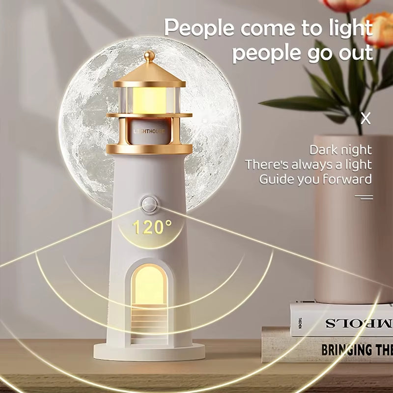 Moon Projection Lighthouse Night Light – Rechargeable Ambient Lamp with Motion Sensor, Remote Control & Bluetooth Speaker