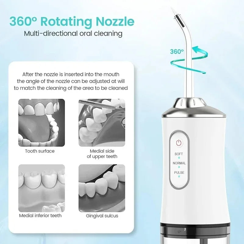 Portable Water Flosser Oral Irrigator – 230ml Rechargeable Dental Water Jet with 4 Nozzles, 3 Modes, IPX7 Waterproof