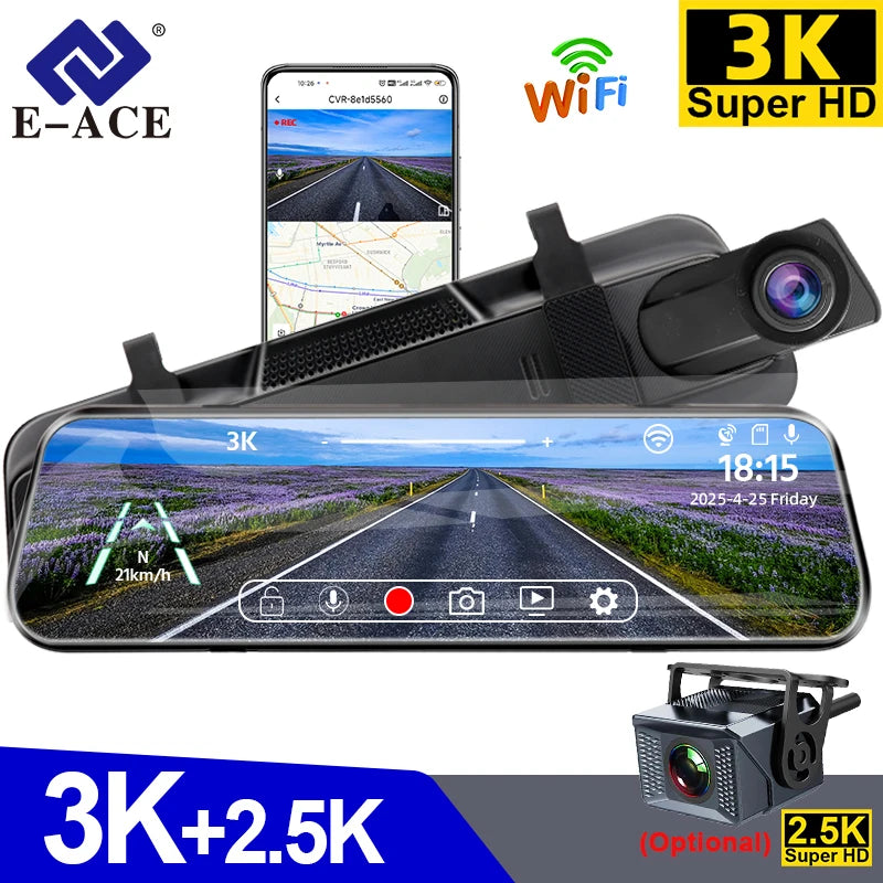 E-ACE 3K + 2.5K Mirror Dash Cam – 10" Touchscreen DVR Recorder with Optional Rear Camera, Night Vision, Hisilicon Chip, GPS, WiFi & 24H Parking Monitor