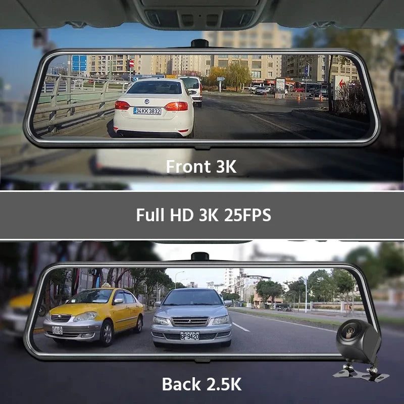 E-ACE 3K + 2.5K Mirror Dash Cam – 10" Touchscreen DVR Recorder with Optional Rear Camera, Night Vision, Hisilicon Chip, GPS, WiFi & 24H Parking Monitor