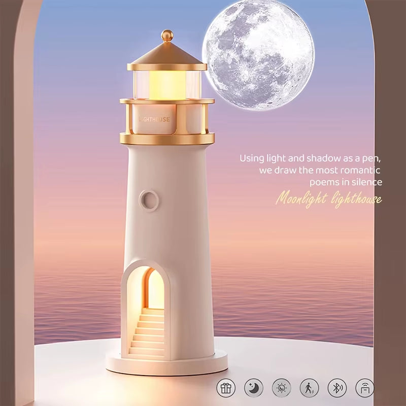 Moon Projection Lighthouse Night Light – Rechargeable Ambient Lamp with Motion Sensor, Remote Control & Bluetooth Speaker