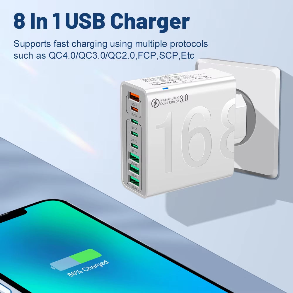 150W 8-Port USB Fast Charger – Multi-Device Wall Adapter with Smart IC, PD Type-C Fast Charging for iPhone, Samsung, Xiaomi, Huawei | EU/US/KR Plug Travel Charger