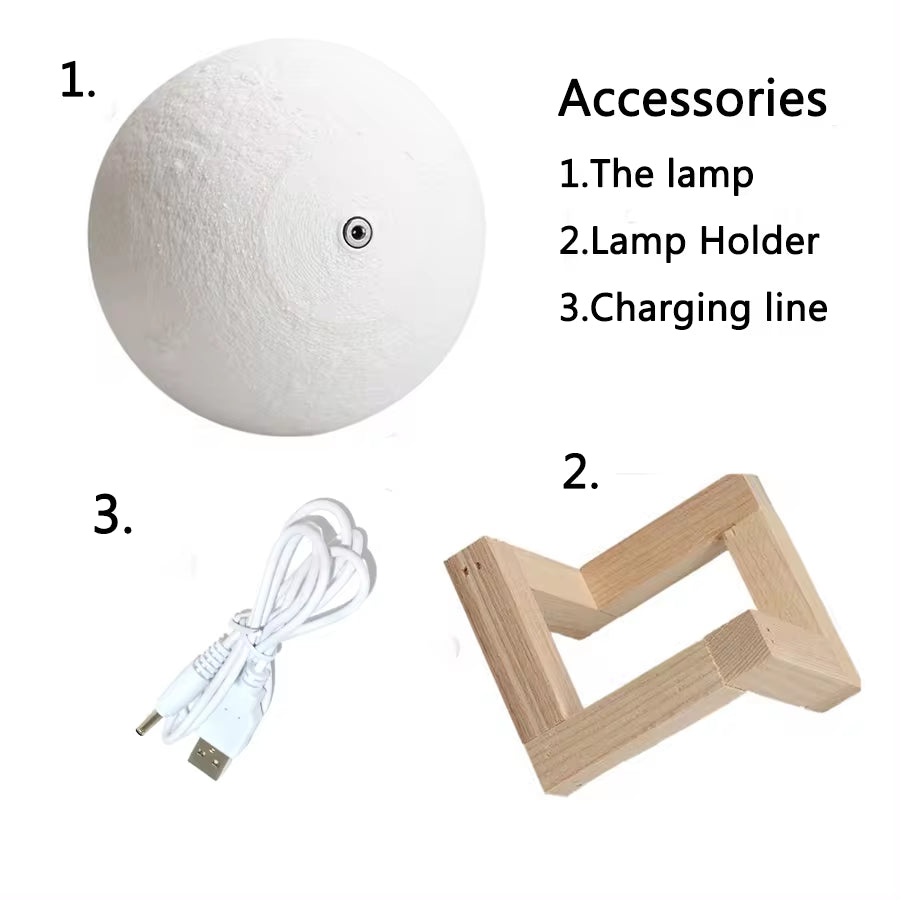 3D Printed Moon Lamp – Rechargeable LED Night Light with Touch Control, Stepless Dimming, Warm/White Modes, PLA Eco Material & Wooden Stand | Bedroom Décor & Gift