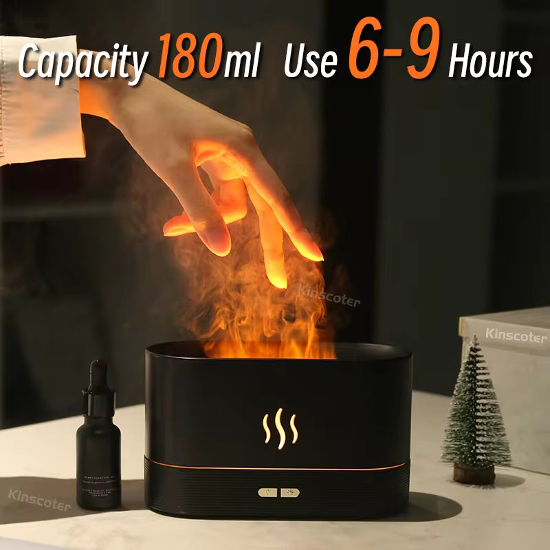 Ultrasonic Aroma Diffuser & Cool Mist Humidifier – 180ml Essential Oil Flame Lamp with LED Ambient Light, USB Powered, Quiet Air Mist Maker for Home & Office