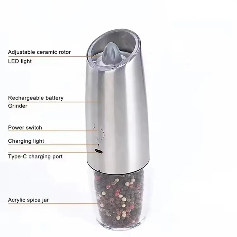 Gravity Electric Salt & Pepper Grinder – USB Rechargeable Automatic Spice Mill with Ceramic Burr