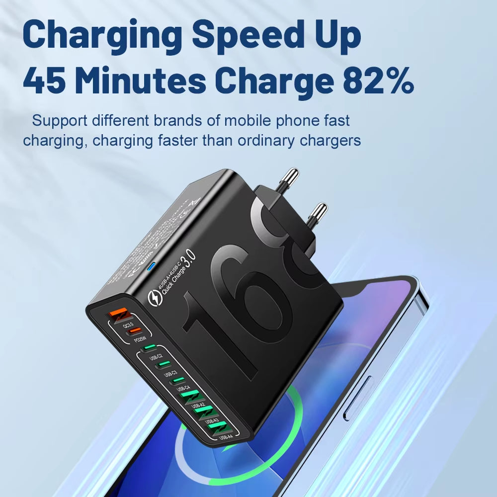 150W 8-Port USB Fast Charger – Multi-Device Wall Adapter with Smart IC, PD Type-C Fast Charging for iPhone, Samsung, Xiaomi, Huawei | EU/US/KR Plug Travel Charger