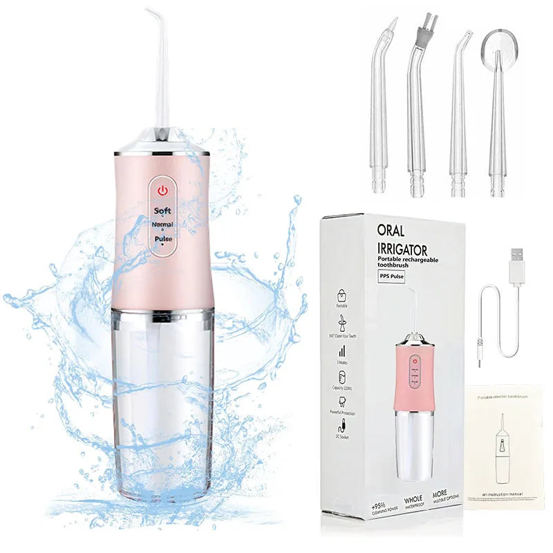 Portable Water Flosser Oral Irrigator – 230ml Rechargeable Dental Water Jet with 4 Nozzles, 3 Modes, IPX7 Waterproof
