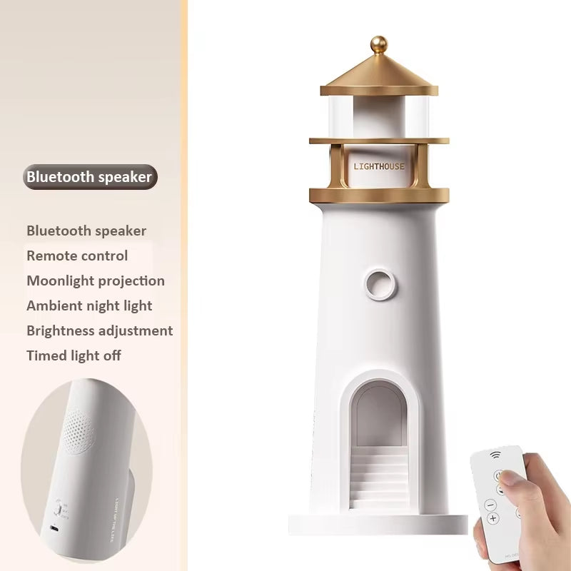Moon Projection Lighthouse Night Light – Rechargeable Ambient Lamp with Motion Sensor, Remote Control & Bluetooth Speaker